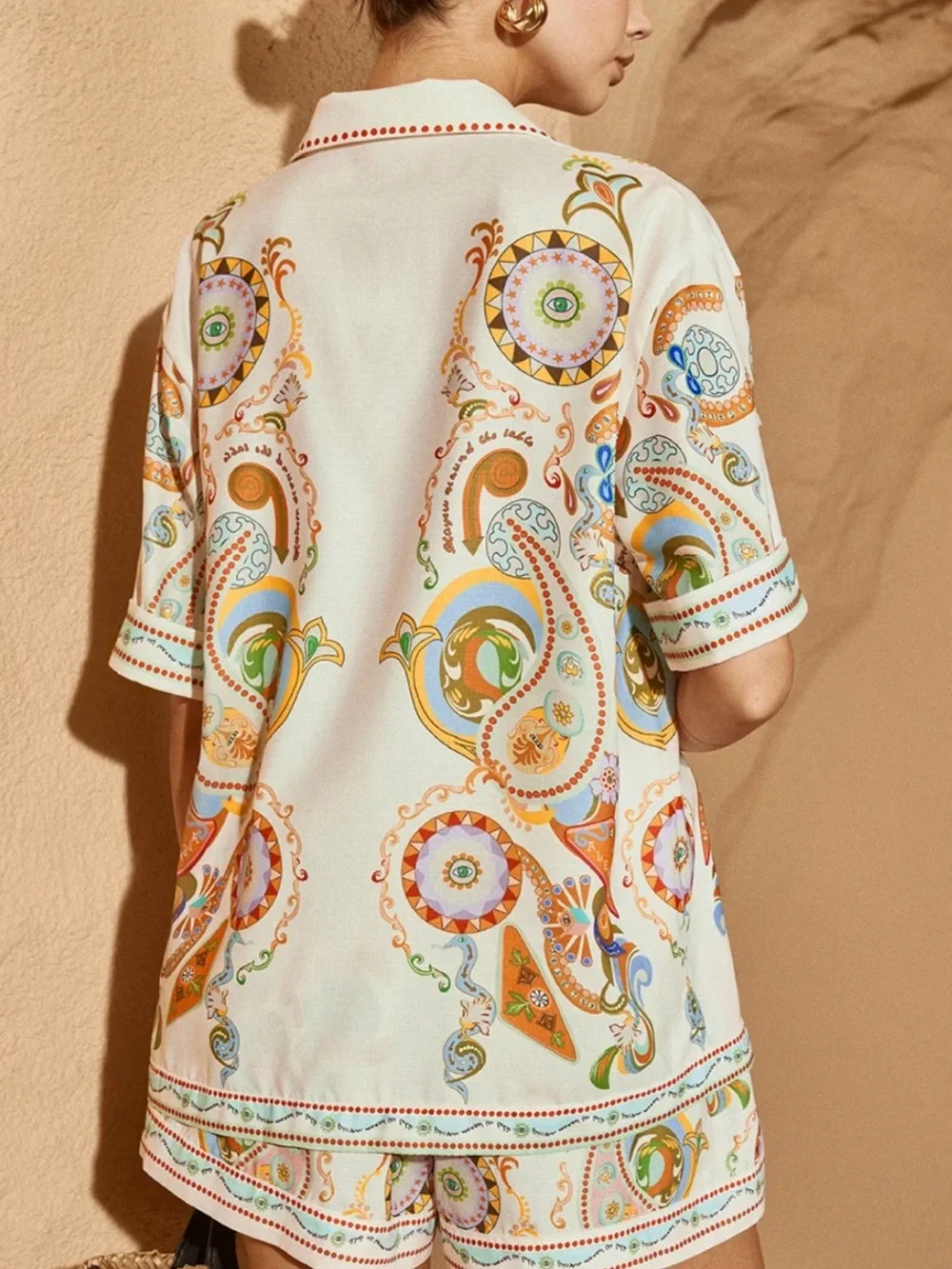 Commense Cream Paisley Polo Print Short Set